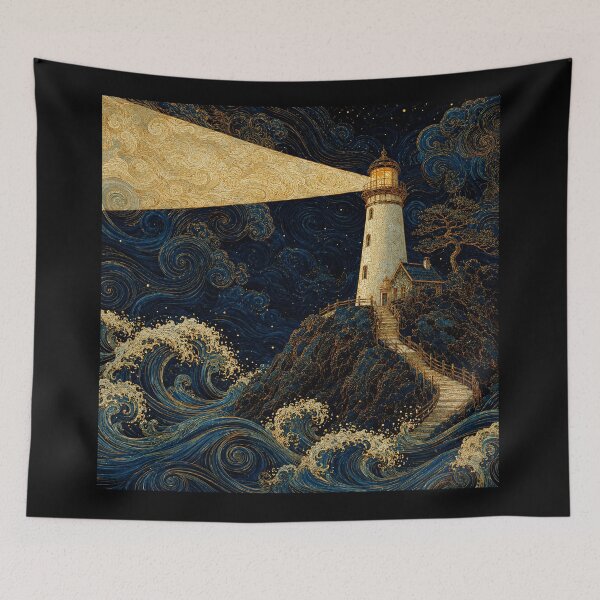 Item preview, Golden Lighthouse Under a Wild Midnight Sea designed and sold by eliramaison.