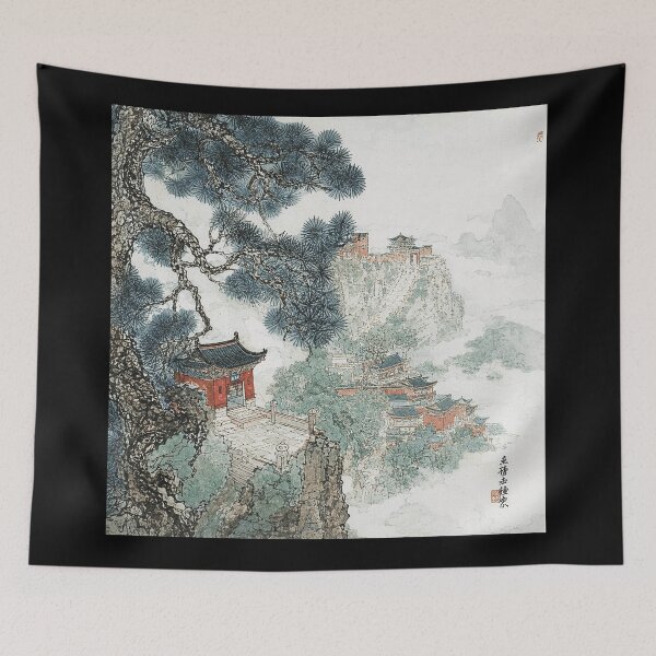 Item preview, Mountain Temple Landscape in Soft Ink Wash Style designed and sold by eliramaison.
