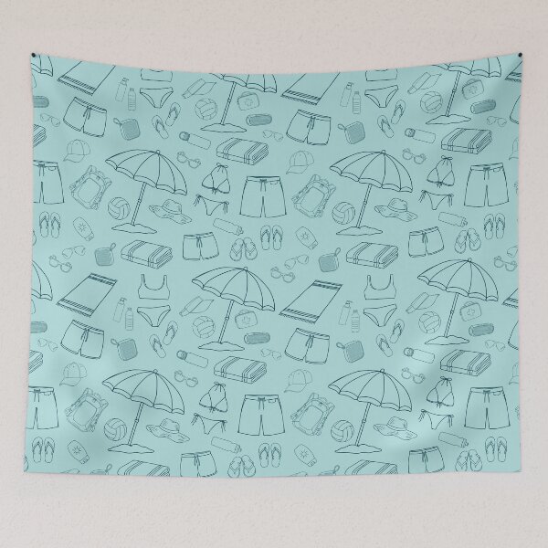 Item preview, Beach Day Essentials Line Art Pattern on Aqua Blue designed and sold by Janie in Repeat .