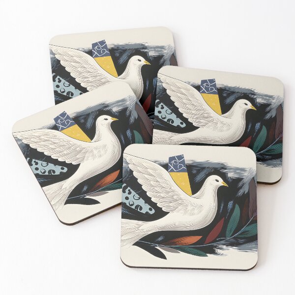 Item preview, Peace Dove in Flight - White Bird with Multicolored Leaves and Vibrant Geometric Abstract Background designed and sold by OlfactoART Studio.