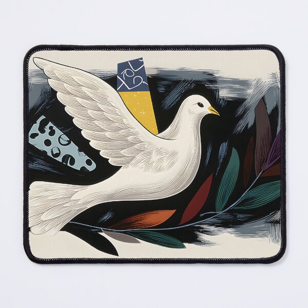 Item preview, Peace Dove in Flight - White Bird with Multicolored Leaves and Vibrant Geometric Abstract Background designed and sold by OlfactoART Studio.