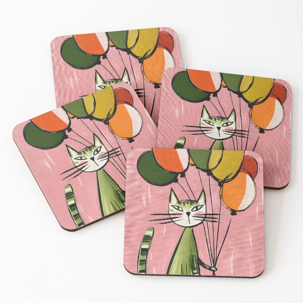 Item preview, Whimsical Green Cat with Balloons - Playful Pink Background Illustration with Cheerful Energy designed and sold by OlfactoART Studio.