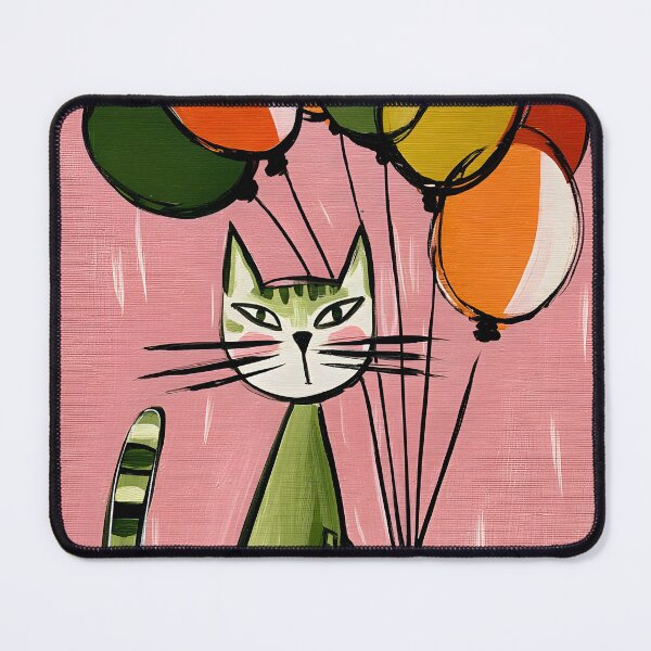 Item preview, Whimsical Green Cat with Balloons - Playful Pink Background Illustration with Cheerful Energy designed and sold by OlfactoART Studio.