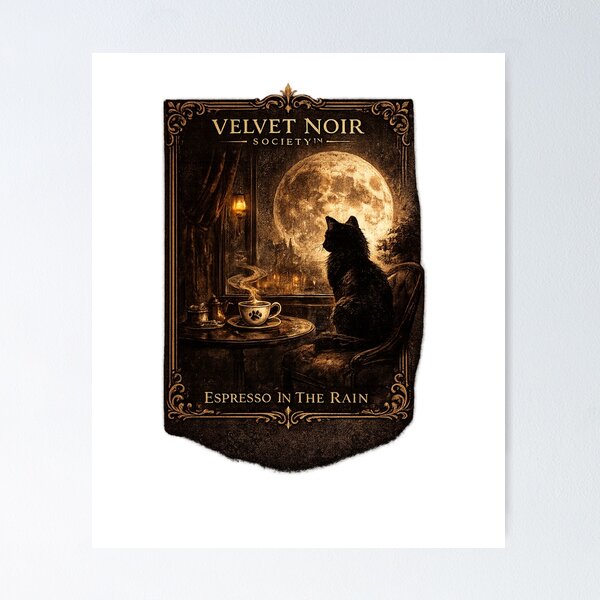 Item preview, Velvet Noir Society – Espresso In The Rain Vintage Gothic Cat Poster designed and sold by DailyTrendFinds.