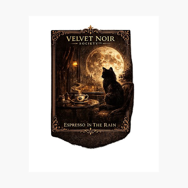 Item preview, Velvet Noir Society – Espresso In The Rain Vintage Gothic Cat Poster designed and sold by DailyTrendFinds.