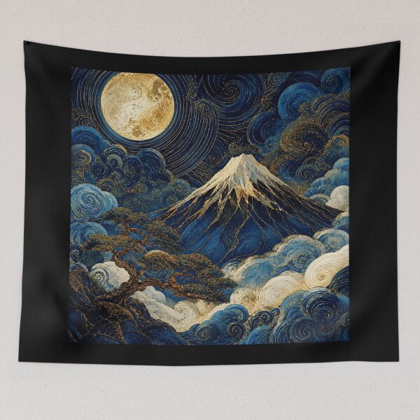 Item preview, Moonlit Mount Fuji Wave Art in Deep Blue designed and sold by eliramaison.