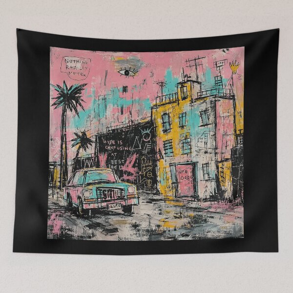 Item preview, Pink Chaos Street Art Painting with Vintage Car designed and sold by eliramaison.