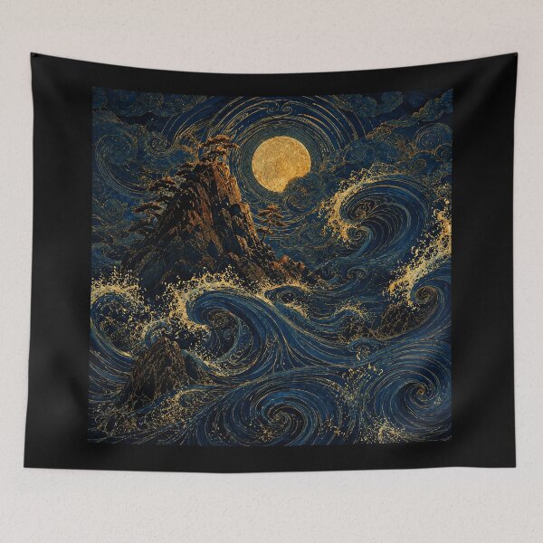 Item preview, Golden Moon Ocean Waves Japanese Fantasy  designed and sold by eliramaison.