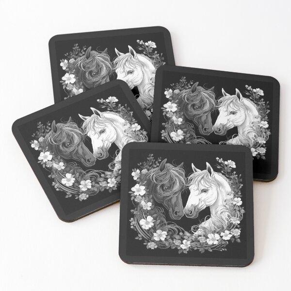 Item preview, Black and White Horses Floral Wreath Equine Portrait designed and sold by inkoutninja.