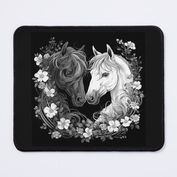 Item preview, Black and White Horses Floral Wreath Equine Portrait designed and sold by inkoutninja.