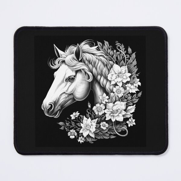 Item preview, White Horse Floral Black and White Equine Portrait designed and sold by inkoutninja.