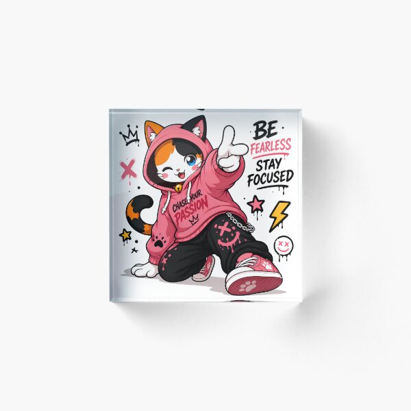 Aperçu de l'œuvre Sois intrépide, reste concentré, chat — Kawaii, poursuis ta passion, streetwear, chat, design graffiti anime créée et vendue par PuffyInk.