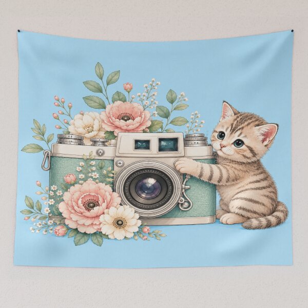 Item preview, Cute Kitten With Vintage Camera Floral Aesthetic Graphic T-Shirt designed and sold by ArtoryNest.