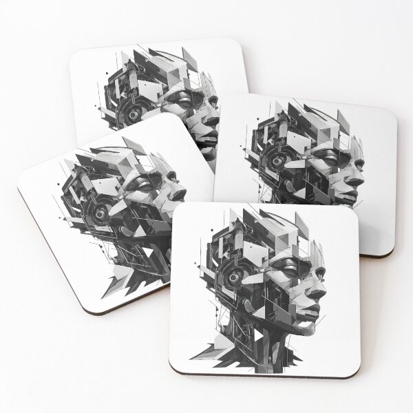 Item preview, Abstract Bionic Head – Monochrome Cubist Cyberpunk Geometric Face Art designed and sold by Alpha-mike13.