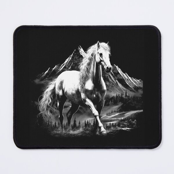 Item preview, White Horse Mountain Landscape Black and White Equine Art designed and sold by inkoutninja.