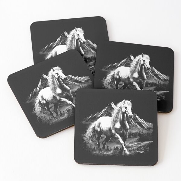 Item preview, White Horse Mountain Landscape Black and White Equine Art designed and sold by inkoutninja.