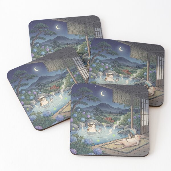 Item preview, Cats at a Summer Night Hot Spring with Fireflies and Hydrangeas — Neko no Ajisai Hotaru Onsen Zu | Japanese Ukiyo-e Cat Art designed and sold by Ukiyo Neko Hyakkei - Cats of the Floating World-.