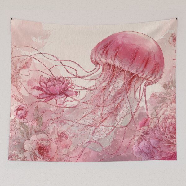 Item preview, Jellyfish swims among pink flowers designed and sold by anytka.