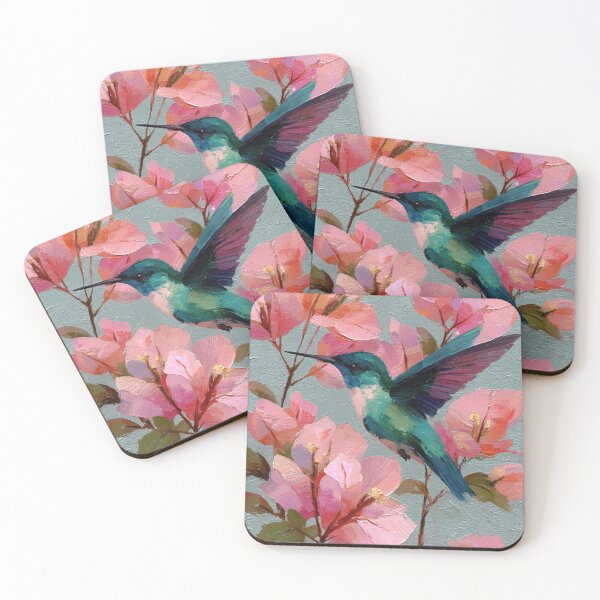 Item preview, Vibrant Hummingbird Amidst Pink Impasto Blossoms designed and sold by colorful-white.