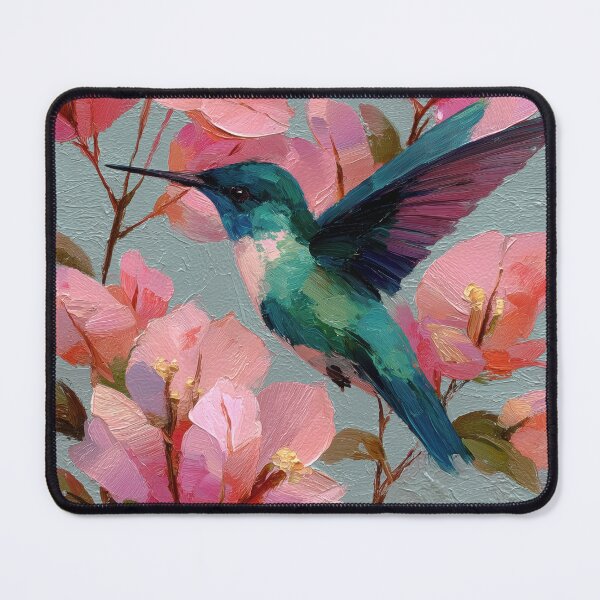 Item preview, Vibrant Hummingbird Amidst Pink Impasto Blossoms designed and sold by colorful-white.