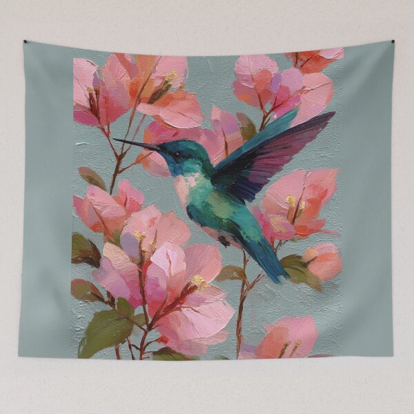 Item preview, Vibrant Hummingbird Amidst Pink Impasto Blossoms designed and sold by colorful-white.