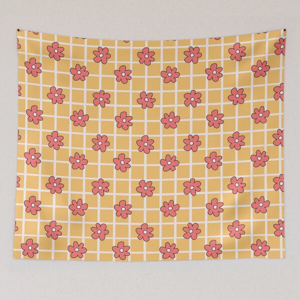 Item preview, Cute hand drawn pattern illustration with red daisy flowers on pastel yellow plaid background designed and sold by Drawn by Alice.