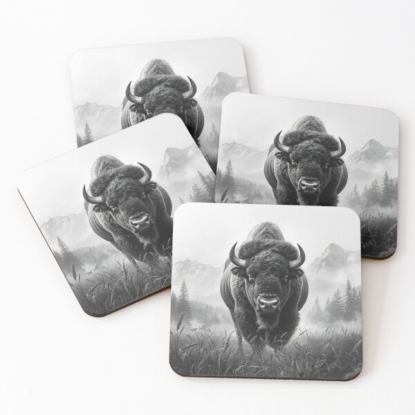 Item preview, Majestic Bison Wildlife Mountain Landscape Monochrome Art Design designed and sold by Kavya Art.