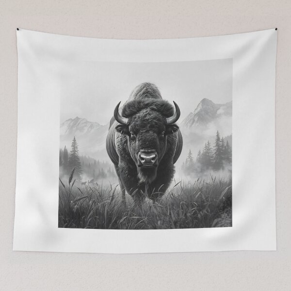 Item preview, Majestic Bison Wildlife Mountain Landscape Monochrome Art Design designed and sold by Kavya Art.