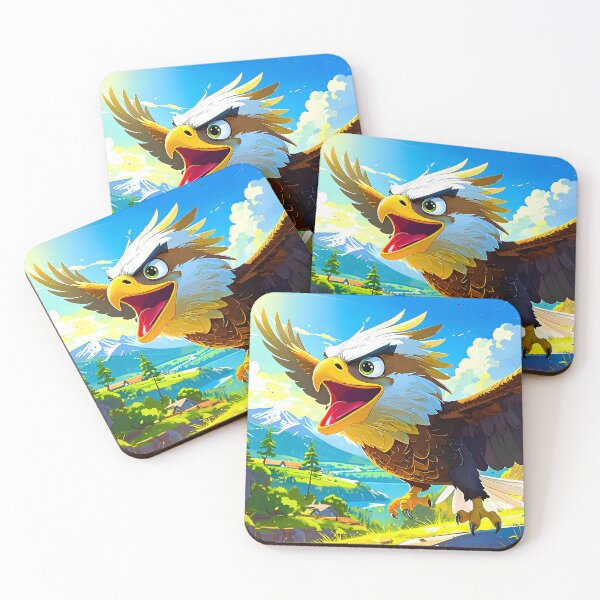 Item preview, Eagle in flight cartoon above summer village landscape designed and sold by Creative Visualize.