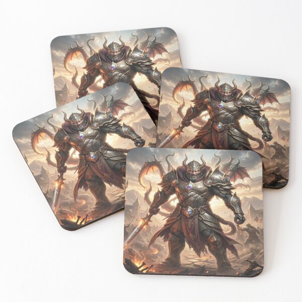 Item preview, Epic warrior of the Dragon Realms in golden armor against a burning fantasy battle backdrop designed and sold by FotoworldEdel.