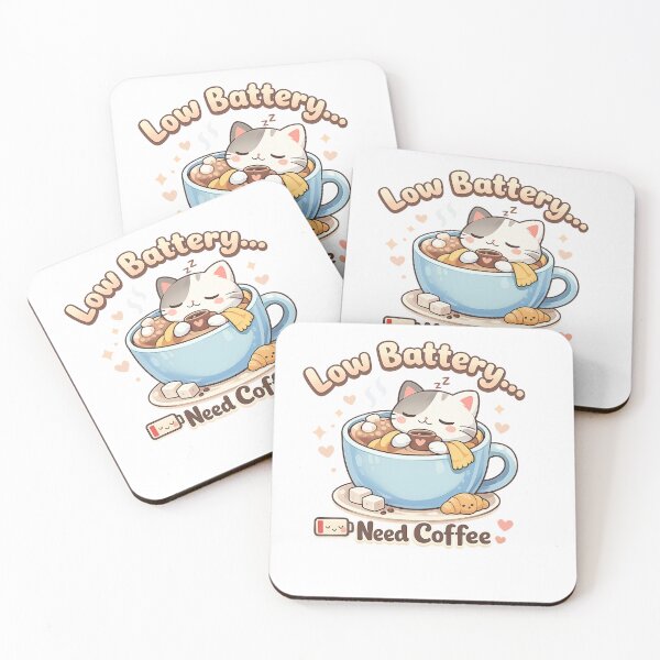 Item preview, Low Battery Need Coffee Cute Cat designed and sold by Pawhiskers Studio.