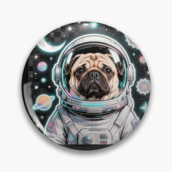 Artikelvorschau, Kosmischer Mops-Astronaut – Neon-Galaxie-Entdecker-Hundeaufkleber entworfen und verkauft von Chromatic Artistry.