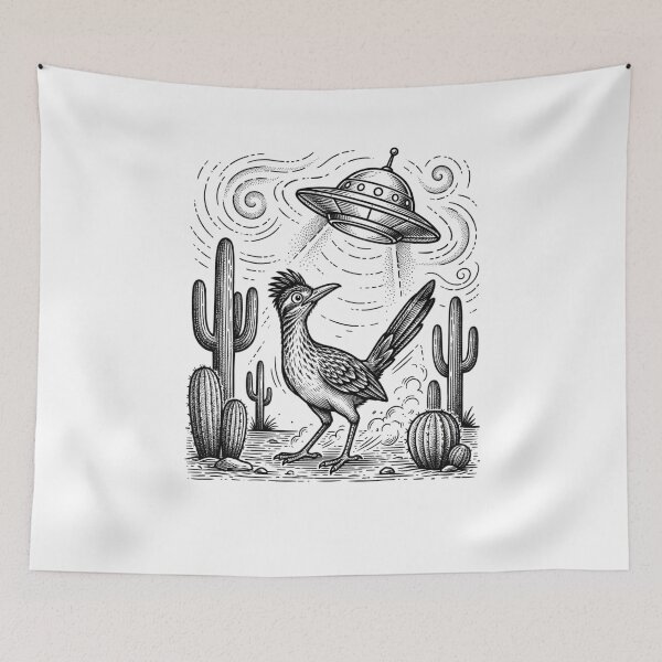 Item preview, Funny Curious Roadrunner Under UFO Desert Scene Vintage Style Graphic designed and sold by bilal sibgui.