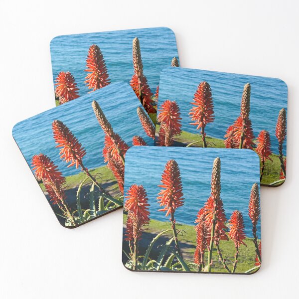 Item preview, Vibrant Orange Aloe Blossoms with Coastal Ocean Backdrop designed and sold by BalkanBloom.