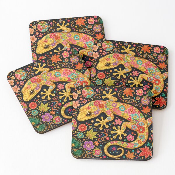 Item preview, Golden Gecko Yamori with Japanese Floral Patterns - Vintage Folk Art Lucky Charm designed and sold by WabiSabiArts.