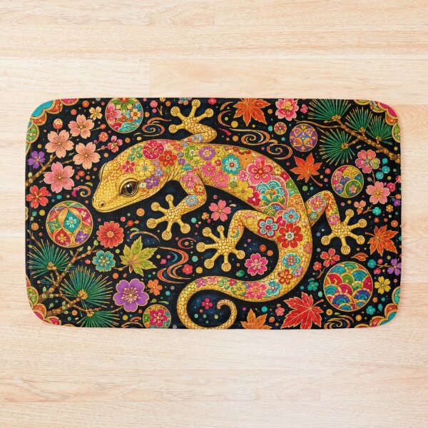 Item preview, Golden Gecko Yamori with Japanese Floral Patterns - Vintage Folk Art Lucky Charm designed and sold by WabiSabiArts.
