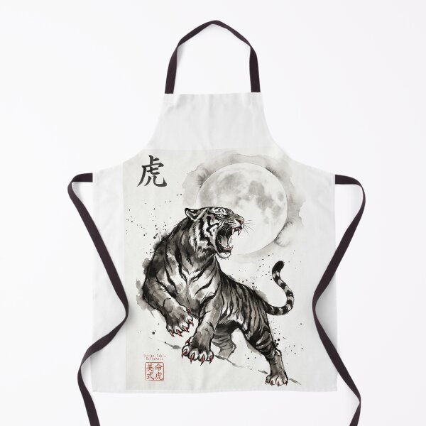 Item preview, Japanese Tiger Sumi-e Ink Wash — Roaring Tora Moon Kanji Art White designed and sold by 一期一会製作所.