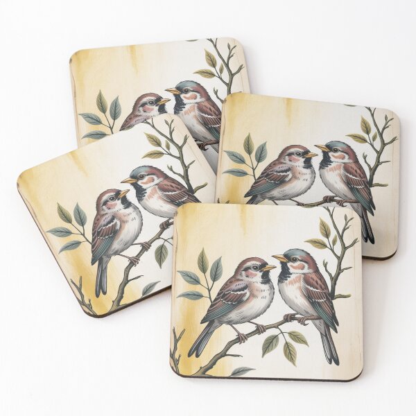 Item preview, two small, nondescript birds perched on a budding branch designed and sold by 123ks.