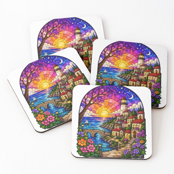 Item preview, Coastal Lighthouse Stained Glass Sunset  designed and sold by Jaideep Walia.