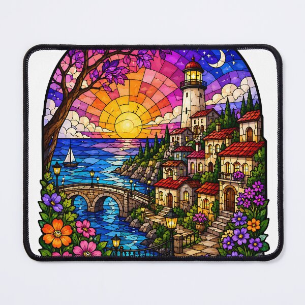 Item preview, Coastal Lighthouse Stained Glass Sunset designed and sold by Jaideep Walia.