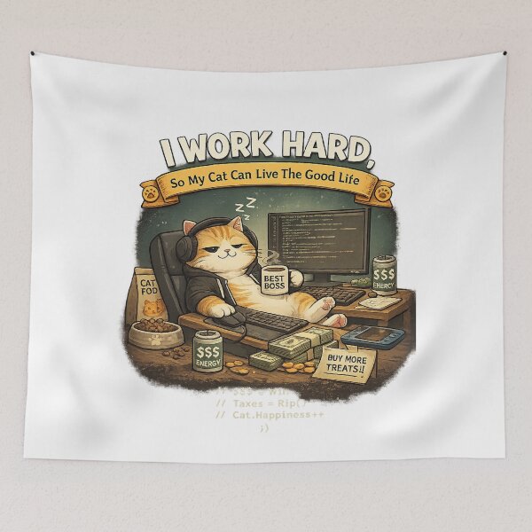 Item preview, I Work Hard So My Cat Can Live The Good Life – Funny Programmer Cat designed and sold by YamiSociety.