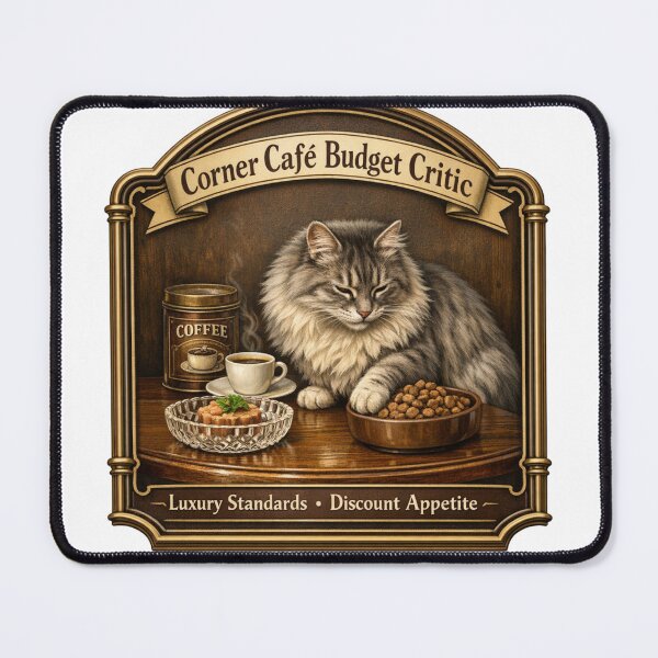 Item preview, Corner Café Budget Critic Funny Cat Coffee Lover Design designed and sold by YMLux.