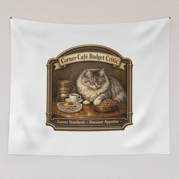 Item preview, Corner Café Budget Critic Funny Cat Coffee Lover Design designed and sold by YMLux.