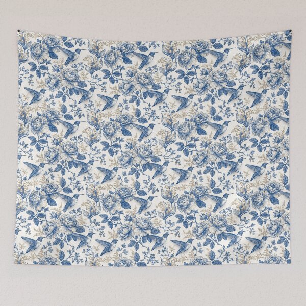 Item preview, Vintage Blue Floral & Hummingbird Toile Pattern – Elegant Botanical Illustration designed and sold by Snifferius.