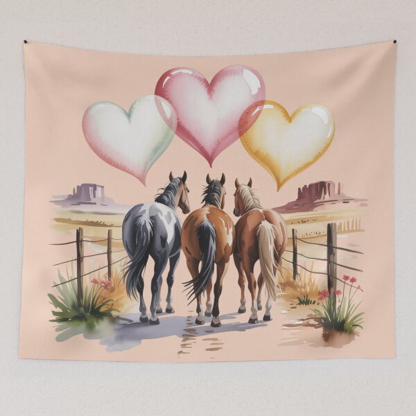 Item preview, three horses walking together from behind on a dusty desert trail, symbolizing love and companionship designed and sold by 123ks.