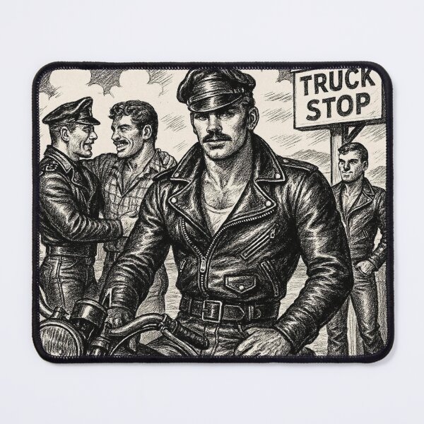 Item preview, Vintage Gay Leather Truck Stop Leather Daddy Biker Defiant Currency Tom of Finland Tribute Gay Pride Graphic Design designed and sold by ItsAKinkThing.
