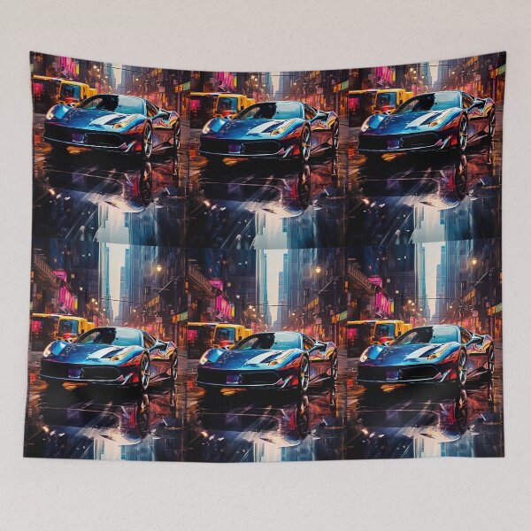 Item preview, Sleek Blue Sports Car Reflecting Vibrant City Lights designed and sold by RevUpDesign.