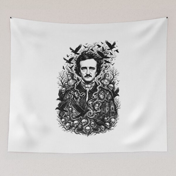 Item preview, Edgar Allan Poe Gothic Horror Portrait with Ravens Skulls and Haunted House designed and sold by Fenay Designs.