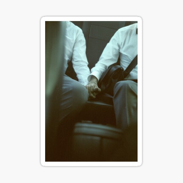 Gay wedding grooms hold hands in car c41 film fine art analog lgbt marriage photo Sticker