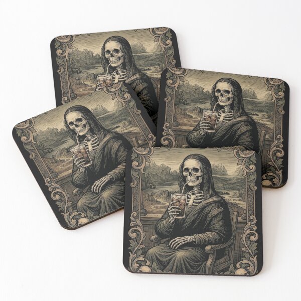 Item preview, Skeleton Mona Iced Coffee — Dark Baroque Parody Engraving Art designed and sold by Lestari Studio.